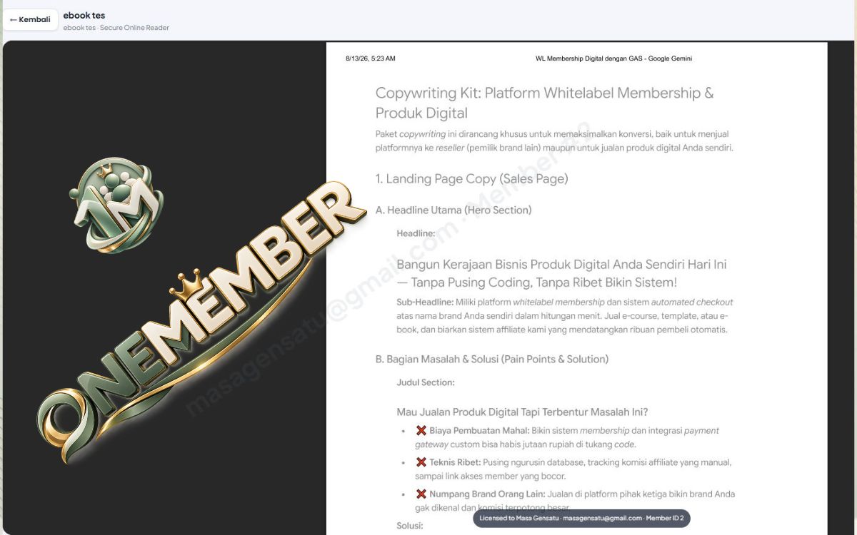 Secure Online Reader OneMember dengan watermark identitas member