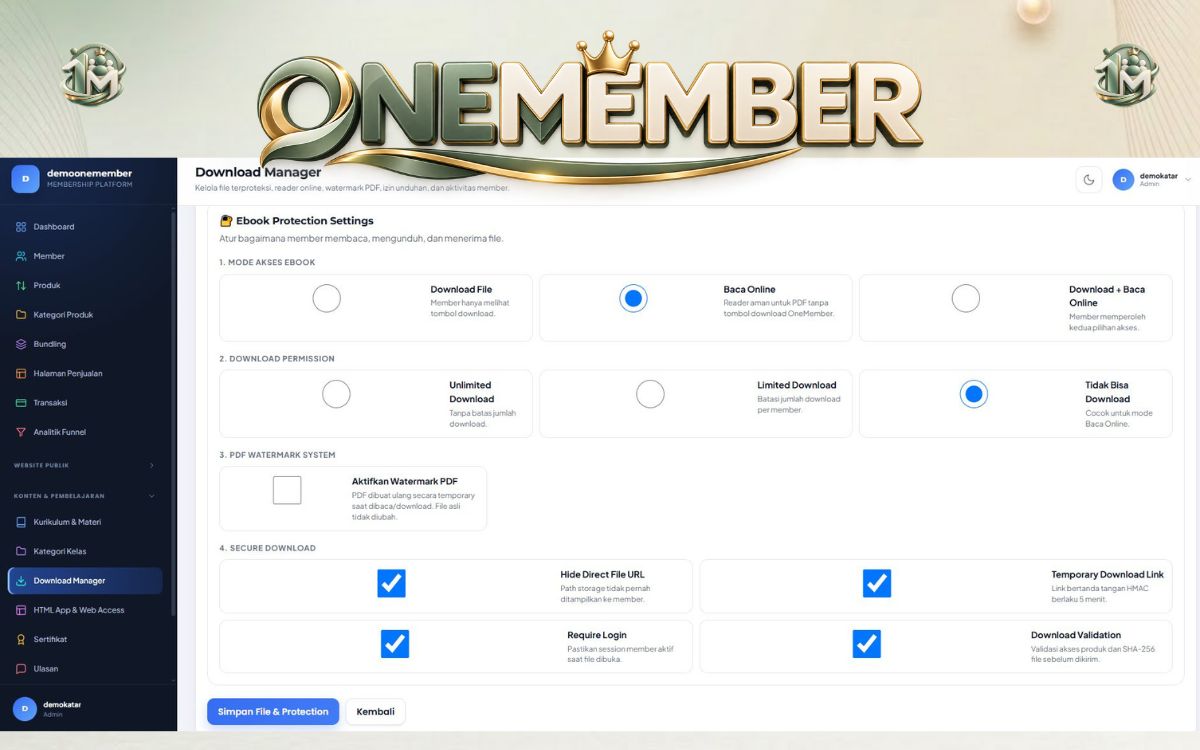 Pengaturan Ebook Protection OneMember di panel admin