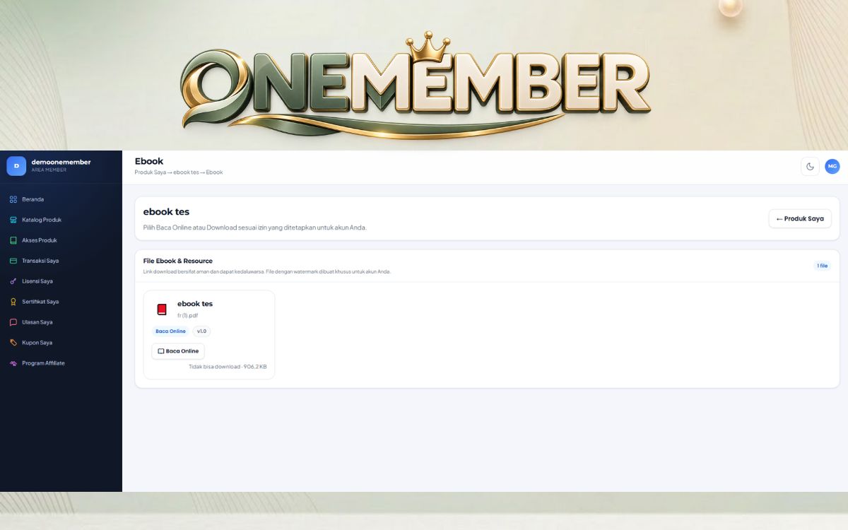 Area member OneMember dengan akses Baca Online tanpa tombol download